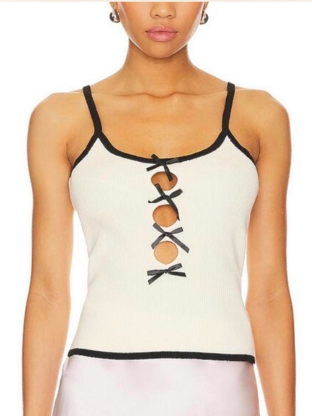 Lioness White Tank Top with Black Trim and Bow Cutouts
